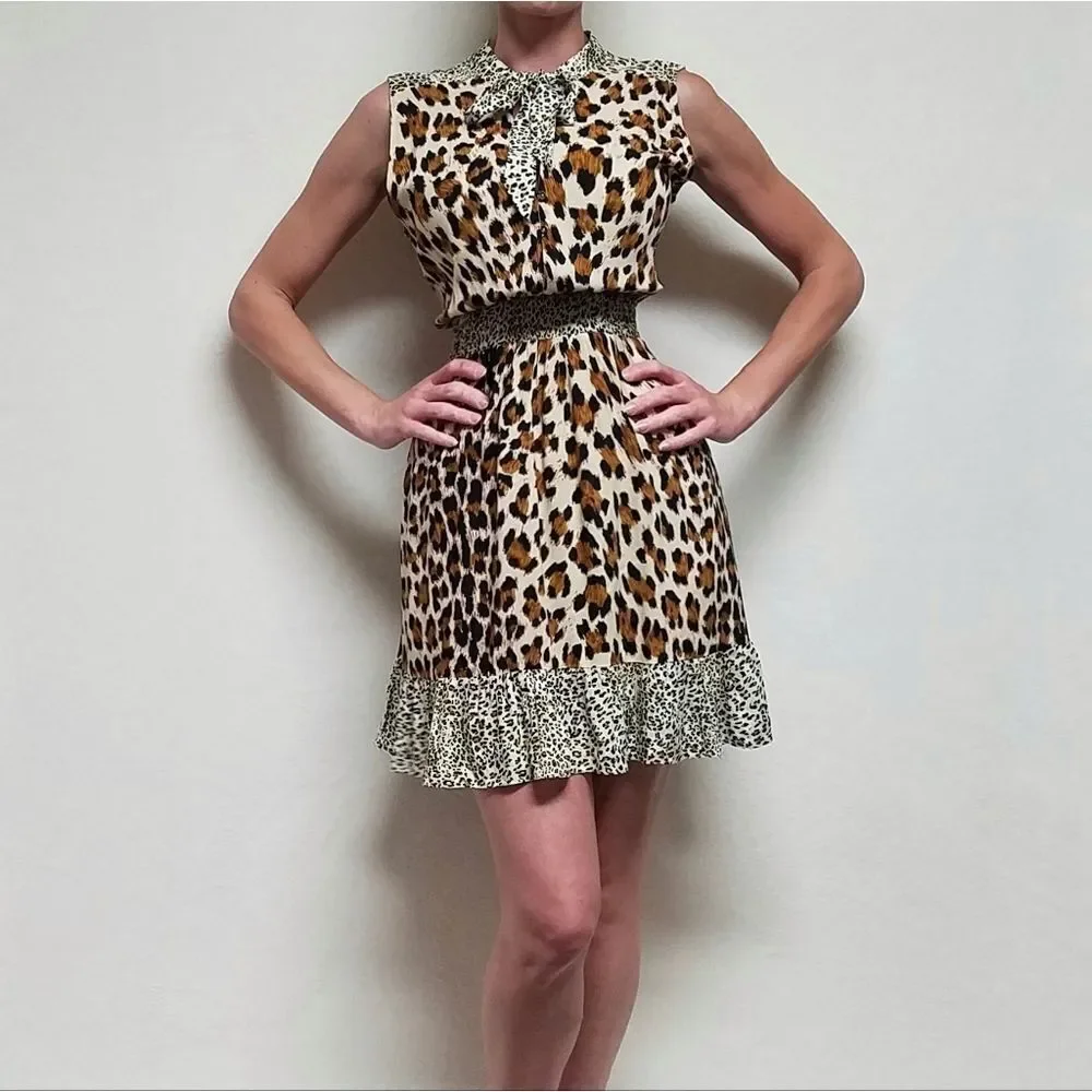 LEOPARD Cheetah Print Tie-Neck Smocked Waist Sleeveless A-line Mini Dress Large